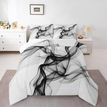 Imagem de Erosebridal Conjunto de cama geométrico, tamanho casal, linha de tinta, para minimalistas, listra gradiente, estética, branco, conjunto de edredom quente e macio