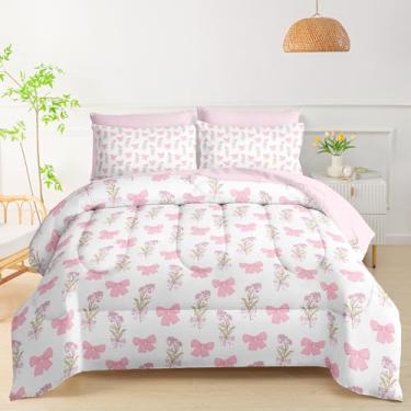 Imagem de QOOMO Jogo de cama casal com laço floral, 7 peças, inclui 1 edredom, 1 lençol com elástico, 1 lençol de cima, 2 fronhas estampadas e 2 fronhas rosa claro