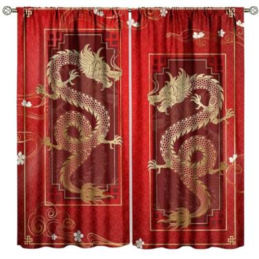Imagem de Cortinas de dragão oriental, barroco chinês asiático, dourado, vermelho quente, geométrico, abatrair, padrão de monstro, tratamentos de janela, blecaute, para sala de estar, quarto, cozinha, banheiro