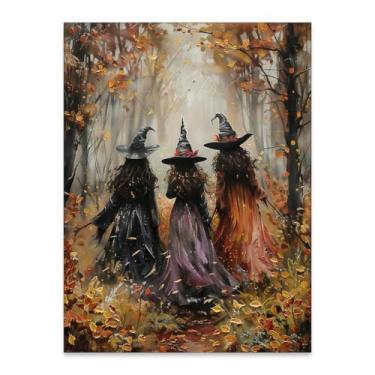 Imagem de Arte de parede para decoração de Halloween de terror vintage três bruxas na floresta pintura de bruxas escuras imagens pôster outono bruxa gótica impressões em tela para sala de estar quarto galeria