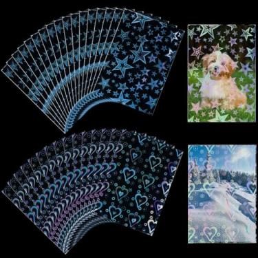 Imagem de SOFPLATE 200Pcs 3.5 x 2.4 Inch Heart Card Sleeve Plastic Photocard Sleeves Star Holographic Colorful Rectangle Transparent Flashing Trading Protector Covers for Gifts Post Cards Protective Packaging
