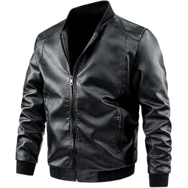 Imagem de Jaquetas De Couro Masculinas - Jaqueta Plus Size Jaqueta Masculina De Mangas Compridas Casaco De Couro Casual Motocicleta Biker Casaco Cor Sólida, Black, M