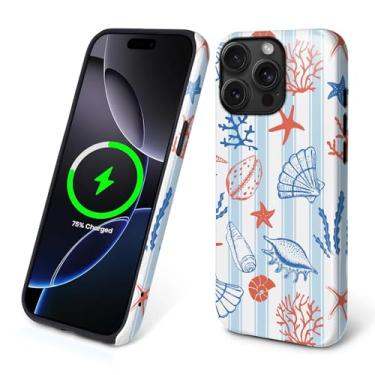 Imagem de Punmada Capa para iPhone 15 Pro para MagSafe, capa rígida híbrida à prova de choque de silicone brilhante para iPhone 15 Pro azul listrado criatura marinha concha padrão estrela do mar