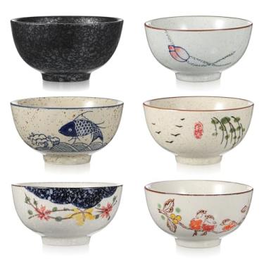Imagem de Lemecima Pacote com 6 tigelas de cerâmica retrô, tigela japonesa chinesa de 11 cm, conjunto de jantar de 325 ml para cereal, salada, sobremesa, sorvete, arroz, macarrão, sopa, frutas, pode ser lavado