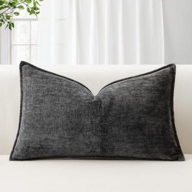 Imagem de OTOSTAR Capa de almofada decorativa de chenille cinza escuro 30,5 x 50,8 cm com borda costurada capa de almofada lombar macia para sofá cama sala de estar
