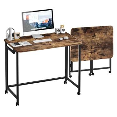 Imagem de JSB Pequena mesa dobrável para computador com bolsa de armazenamento e gancho, mesa de trabalho industrial moderna, laptop para escritório em casa, branca (rústica e marrom, 70 cm)