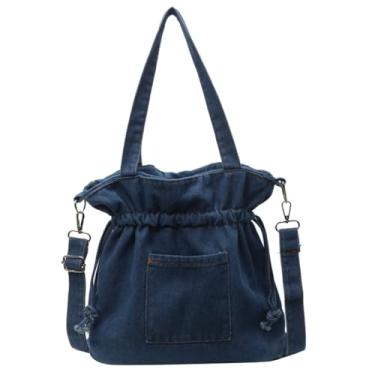 Imagem de Bolsa de ombro jeans feminina de lona, bolsa transversal, estética, grande, jeans, bolsa mensageiro, bolsas Hobo com cordão, Azul, Free
