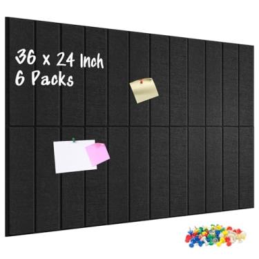 Imagem de DOLLAR BOSS Placas de cortiça de feltro, 6 pacotes de painéis acústicos adesivos de quadro de avisos à prova de som para paredes com 60 pinos para casa, escritório, cozinha, escola, listra preta