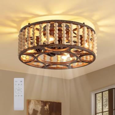 Imagem de MOOONICHE Ventilador de teto com contas de madeira de 50 cm com luzes, ventilador de teto com gaiola Boho 6 velocidades reversível lustre de casa de fazenda com controle remoto para sala de estar