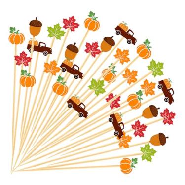 Imagem de Palitos para coquetéis de outono, 200 peças, palitos de bambu, abóboras, folhas de bordo, palitos, dia de ação de graças, decoração de festa para espetos de frutas, sanduíche, aperitivo, bebida