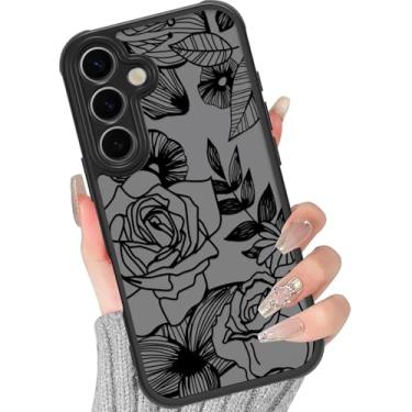 Imagem de Yomjew Lindas Linhas Pretas Flor Capa de Telefone para Samsung Galaxy S24 Plus 5G Feminino Capa Feminina 17.0 cm, Estampa Floral Rosa Estética Design Translúcido Fosco Capa Silicone Rígido PC Proteção