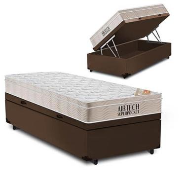 Imagem de Cama Baú Solteiro Marrom Colchão Molas Ensacadas Airtech Spring 88x188 - Ortobom