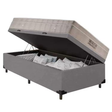 Imagem de Cama Baú Solteiro Cinza Colchão Molas Ensacadas Airtech Spring 88x188 - Ortobom