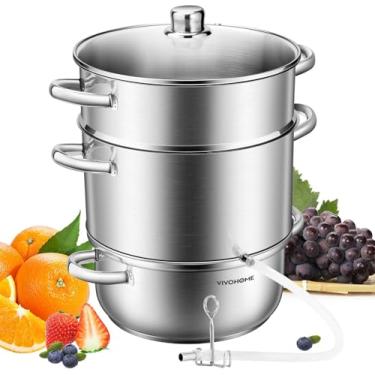 Imagem de VIVOHOME Panela extratora de suco a vapor de aço inoxidável para frutas e legumes, 27,5 cm, 9,3 litros com tampa de vidro temperado, 2 mangueira, braçadeira, alças de laço