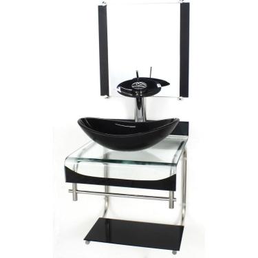 Imagem de Gabinete Vidro 40Cm Banheiro Curvado Duplo Inox Cuba Oval