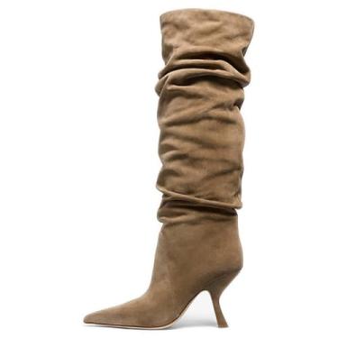 Imagem de Erocalli Botas de cano alto femininas salto gatinho cano alto bico fino zíper lateral despojado moda inverno 2025, 1 cinza-acastanhado, 37