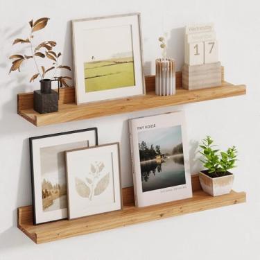 Imagem de Prateleiras flutuantes de 61 cm, conjunto de 2 prateleiras flutuantes de madeira de olmo rústico para armazenamento de brinquedos, estante infantil montada na parede para quarto, sala de estar