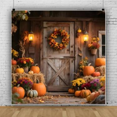 Imagem de Pano de fundo de outono de 3 x 3 m para fotografia com glitter rústico porta de celeiro de madeira para fotos de outono, fardos de feno, flores, abóboras, outono, colheita, fundo, decorações quentes