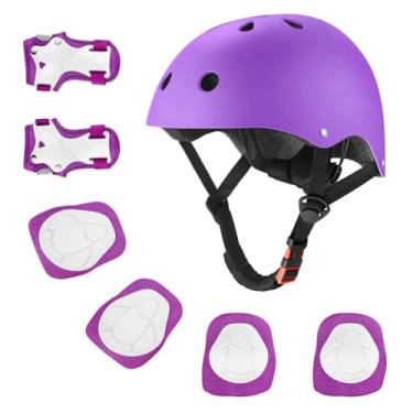 Imagem de Capacete de bicicleta infantil para crianças de 2 a 14 anos, capacete infantil de segurança ajustável com conjunto de equipamentos de proteção, capacetes de skate e scooter com joelheiras e protetores