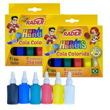 Imagem de Kit 2 Cola Colorida 6 Cores Primárias 25g Tubinhos Com Bico Aplicador 