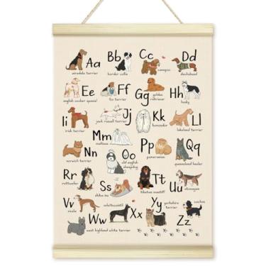 Imagem de Moldura de pôster de alfabeto animal, impressão de arte em tela de madeira educacional ABC, arte de parede positiva de cachorro para quarto de meninos, escola em casa, pré-escola, sala de aula