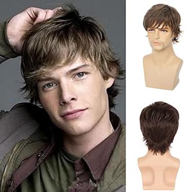 Imagem de Beweig Peruca masculina curta, marrom, em camadas, natural, fofo, peruca de cabelo sintético para fantasia de Halloween, cosplay com touca