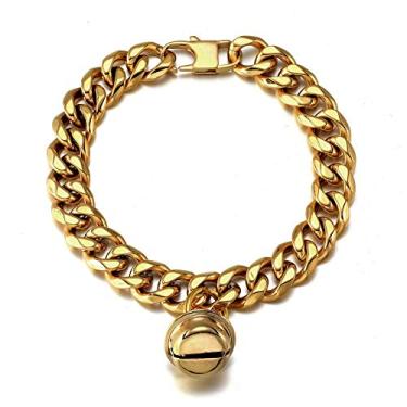 Imagem de Coleira para cães de gato em ouro 18 K, 1,27 cm de largura, Gargantilha de aço inoxidável, à prova de mastigar, corrente cubana com sino (ajuste para pescoço de 15,24 cm a 20,32 cm)