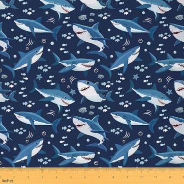 Imagem de jejeloiu Tecido de tubarão da The Yard 1 jarda tecido de estofamento de animais marinhos oceânicos para cadeiras mundo subaquático para projetos de bricolage em casa, decoração interna e externa, tema