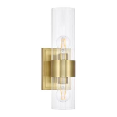 Imagem de Arandelas de banheiro modernas douradas, iluminação de parede com vidro canelado transparente, latão envelhecido, 2 luminárias, para banheiro, espelho, sala de estar, corredor, quarto