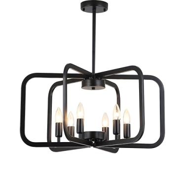 Imagem de NanFeng Lustre preto de 6 luzes, luminária de sala de jantar de fazenda de 63,5 cm, iluminação suspensa de metal industrial geométrico sobre mesa, luzes pendentes grandes para ilha de cozinha, entrada