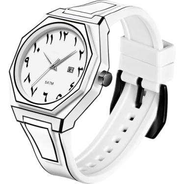 Imagem de Relógio masculino sketch, simples, minimalista, vestido, relógio de pulso exclusivo, à prova d'água, esportivo, moderno, casual, anime, analógico, para homens, calendário, data, Número branco