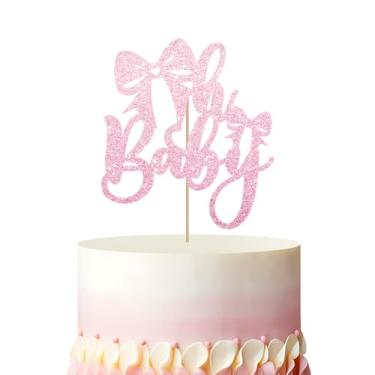 Imagem de Topo de bolo de bebê com laço rosa, decoração de bolo de chá de bebê Coquette, laço de glitter rosa É um enfeite de bolo feminino para aniversário, arco revelação de gênero/decoração de festa de bebê