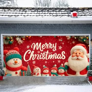 Imagem de Faixa de porta de garagem Feliz Natal 1,8 x 3,5 m, Natal, Papai Noel, boneco de neve, alce, aurora, decorações de Natal 180 x 398 cm, decoração de capa de porta de garagem para festa de Natal (04)