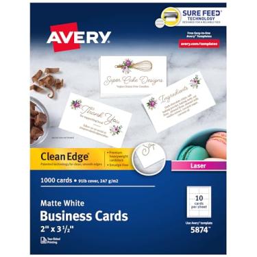 Imagem de Avery Cartões de visita imprimíveis Clean Edge com tecnologia Sure Feed, 5 cm x 9 cm, brancos, 1.000 cartões em branco para impressoras a laser (5874)