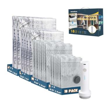 Imagem de Sacos de armazenamento a vácuo economizadores de espaço com bomba elétrica, 18 peças (6S, 6M, 4L, 2J) Sacos de vedação a vácuo economizadores de espaço para roupas, viagens, roupa de cama, cobertor