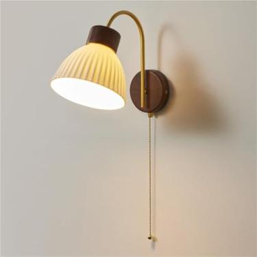 Imagem de Luminária de parede de cerâmica com interruptor de cordão, abajur de cabeceira interno, luminária de parede de nogueira, braço de cobre com pescoço de ganso, estilo fazenda, para sala de est