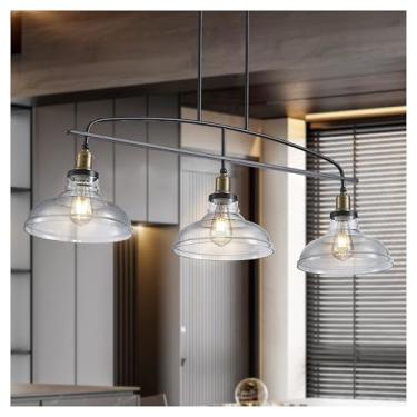 Imagem de Lustre Pendente Industrial de 45" com 3 Luzes e Abajures de Vidro Transparente, Estrutura de Metal Preto, Altura Ajustável