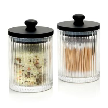 Imagem de Mason & Fable Frascos de banheiro de vidro canelado | Conjunto de 2 recipientes de armazenamento estilo fazenda com tampas de madeira pretas herméticas | Almofada de algodão/cotonete/suporte de ponta