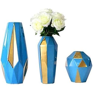 Imagem de Conjunto de cerâmica galvanizada com vaso gravado, azul, 3 conjuntos de plantas, arranjos de flores, flores secas, grande, média e pequena, sala de estar para flores