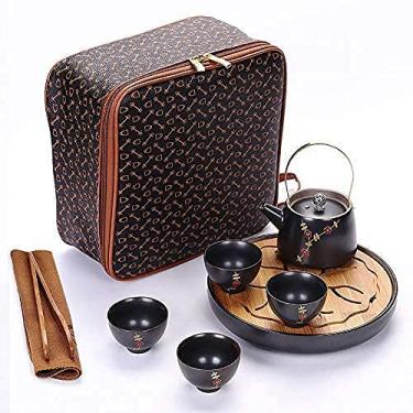 Imagem de Conjunto de chá de chaleira de cerâmica um conjunto de chá de quatro xícaras de viagem Ding Kiln conjunto de chá de cerâmica conveniente esmalte fosco bandeja de chá 200 ml seis conjuntos (Uu)