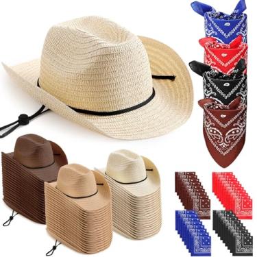 Imagem de Coume Conjunto de 36 chapéus de cowboy de palha com bandana, inclui 36 chapéus de festa de caubói 36 lenços ocidentais em 4 cores para acessórios de cosplay (bege, cáqui, café)