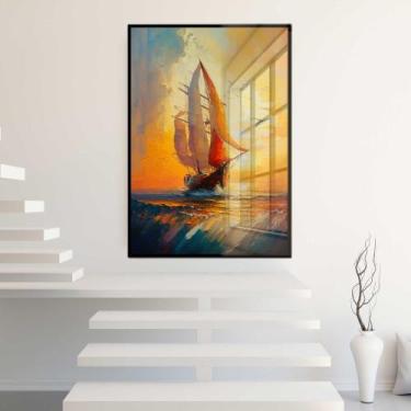 Imagem de Quadro Decorativo com Moldura e Acrilico Cristal Vidro Pintura Barco P