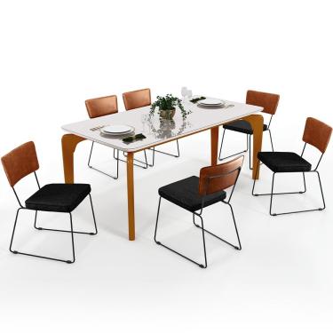 Imagem de Mesa Capri 160cm Off White Com 6 Cadeiras Allana B05 Couríssimo Camel Linho Chumbo - Lyam Decor