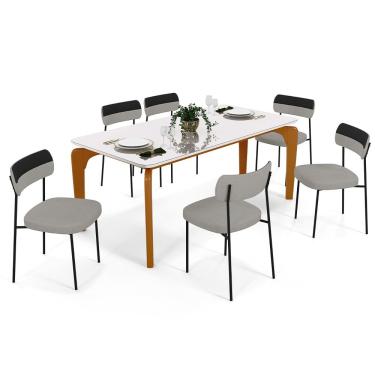 Imagem de Mesa De Jantar Capri 160cm Off White 6 Cadeiras Melina B05 Linho Cinza Couríssimo Preto - Lyam Decor