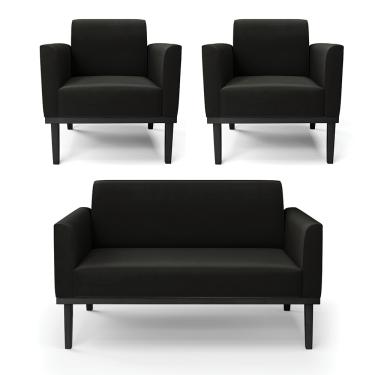 Imagem de Sofá Namoradeira com 2 Poltronas Base de Madeira Fixa Preto Marisa Suede Preto  D03 - D'Rossi