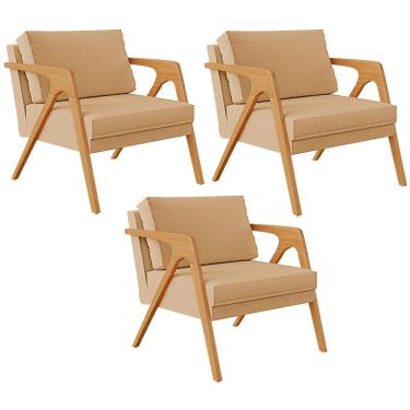 Imagem de Kit 03 Poltronas Decorativa Para Sala Pietra Estrutura De Madeira L02 Linho Bege Escuro - Lyam Decor