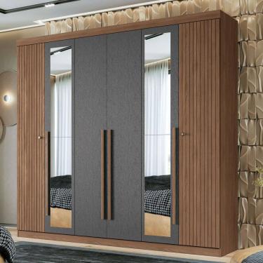 Imagem de Guarda-Roupa Casal Loanda 6 Portas 4 Gavetas Ripado Jatoba/Grafite com Espelho - Pnr Móveis