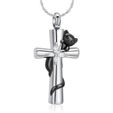 Imagem de AIWENXI Joias de cremação cruzada, gato, borboleta, urna, colares para homens e mulheres, aço inoxidável, memorial para animais de estimação, pingente, lembranças, joias, presentes, Aço inoxidável
