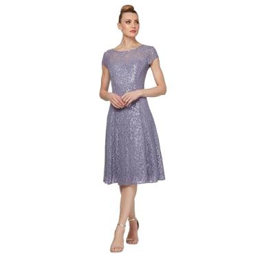 Imagem de S.L. Fashions Vestido feminino de manga curta com lantejoulas e renda comprimento chá mãe da noiva (tamanho pequeno e regular), Lantejoula mesclada mística, 40