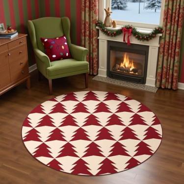 Imagem de jinchan Tapete redondo de Natal para sala de estar, 1,5 m, círculo, para quarto, estampado, vermelho, árvore de Natal, 1,5 m, decoração de Natal, tapete lavável para sala de jantar, hall de entrada